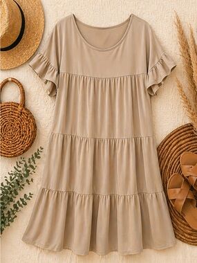 Casual Beige Tiered Short Sleeve Mini Dress